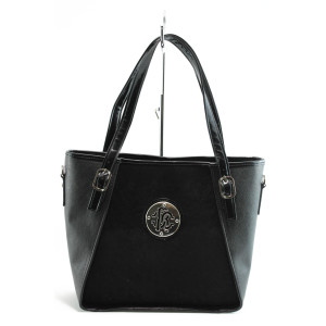 Дамска чанта черна кожа и велур СБ 1125 ч.в.KP