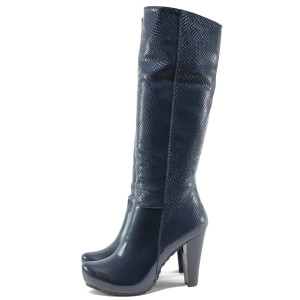 Сини стилни дамски ботуши с ток МИ 220 синя змияKP