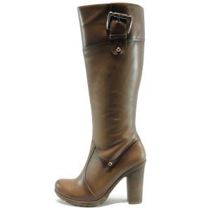 Кафяви дамски ботуши на висок ток от естествена кожа МИ 501 кафявKP