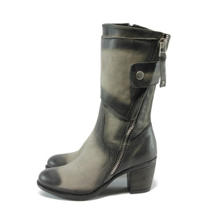 Сиви дамски ботуши на ток естествена кожа ИО 1507 опушен сивKP