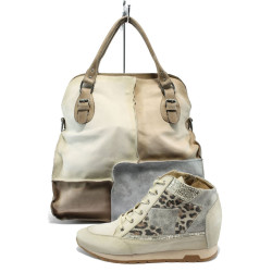 Стилен комплект дамски обувки и чанта, естествена кожа
