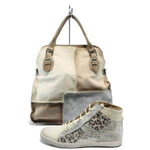 Спортно-елегантен комплект дамски кецове и чанта, естествена кожа