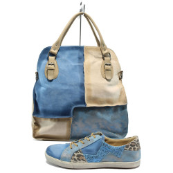 Спортно-елегантен комплект дамски обувки и чанта, естествена кожа