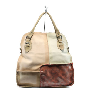 Дамска торба в червено и бежово, естествена кожа