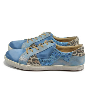 Ортопедични сини дамски кецове с лепардови шарки, естествена кожа ИО 1559 опушен синKP