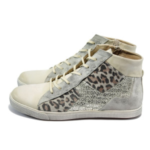Ортопедични високи бежови кецове с лепардови шарки, естествена кожа ИО 1565 опушен бежовKP