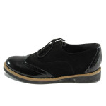 Черни дамски обувки с равна подметка, естествен велур с лачена кожа - всекидневни обувки за пролетта и есента N 10007929