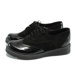 Ортопедични черни дамски обувки с връзки, естествена кожа