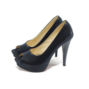Сини дамски обувки с висок ток и платформа
