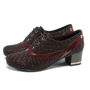 Анатомични дамски обувки с връзки от естествена кожа в цвят бордо