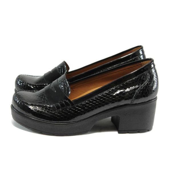 Черни ортопедични дамски обувки с дебел ток, от естествена кожа