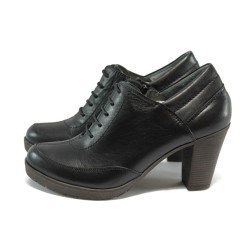 Анатомични черни дамски обувки с висок дебел ток, от естествена кожа