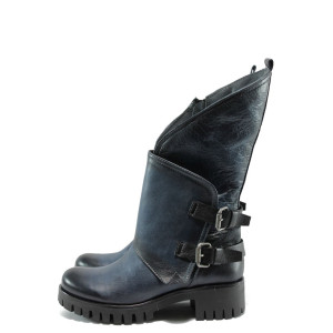 Сини дамски ботуши, естествена кожа - всекидневни обувки за есента и зимата N 10007495