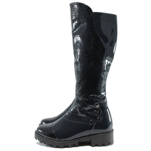 Тъмносини дамски ботуши, лачена естествена кожа - всекидневни обувки за есента и зимата N 10007533