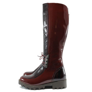 Винени дамски ботуши, лачена естествена кожа - всекидневни обувки за есента и зимата N 10007535