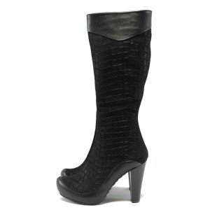 Черни дамски ботуши, естествен велур - елегантни обувки за есента и зимата N 10007588