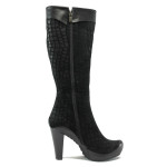 Черни дамски ботуши, естествен велур - елегантни обувки за есента и зимата N 10007588