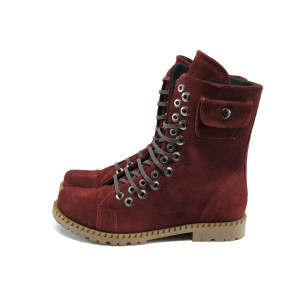 Винени дамски боти, естествен велур - всекидневни обувки за есента и зимата N 10007645