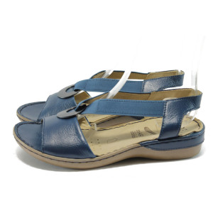Сини равни дамски сандали, естествена кожа