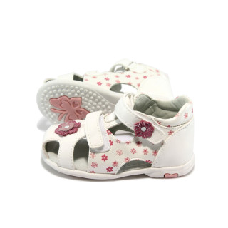 Анатомични бебешки сандали с лепенки - бели на цветя