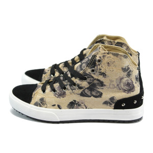 Високи бежови кецове на цветя, с черни връзки БР 6297 т.бежовKP