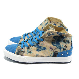 Високи бежови кецове със сини връзки, принт - пеперуди БР 6297 синKP