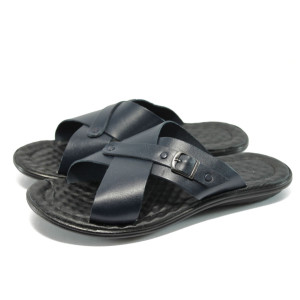 Анатомични сини мъжки чехли - естествена кожа