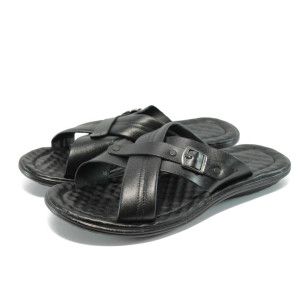 Черни анатомични мъжки чехли - естествена кожа