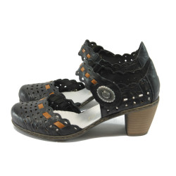 Черни летни дамски обувки с дебел ток, естествена кожа