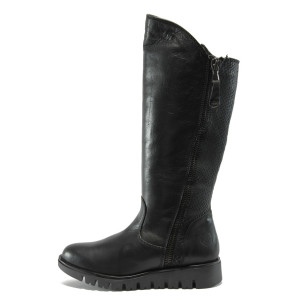 Черни дамски ботуши с грайфер от естествена кожа