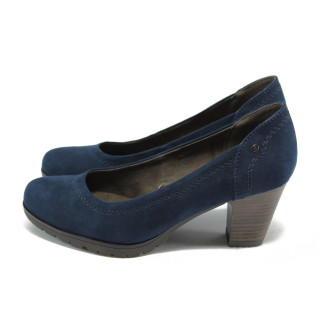Сини велурени дамски обувки с дебел ток