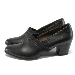 Черни дамски обувки с дебел ток от естествена кожа