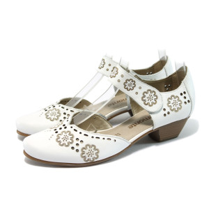 Летни дамски обувки с нисък ток, от бяла естествена кожа Remonte R7105-80 белиKP