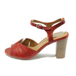 Анатомични червени дамски сандали с висок дебел ток, естествена кожа