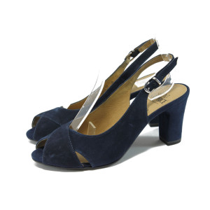 Сини дамски сандали с дебел висок ток, естествен велур