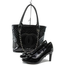 Черни дамски обувки и чанта комплект Marco Tozzi 2-22404-24 и АИ 584 черен лакKP