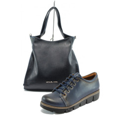 Сини дамски обувки и чанта комплект МИ 301 и СБ 1131 синя кожаKP
