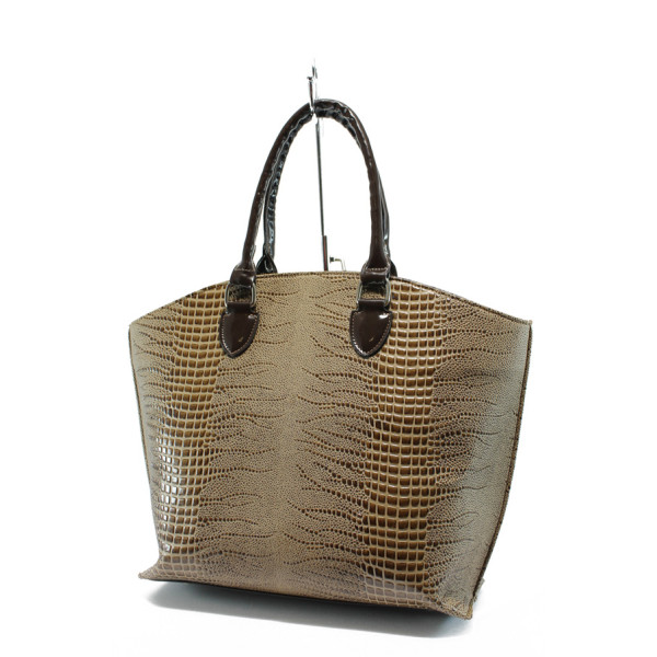Бежова дамска чанта, еко-кожа с крокодилска шарка - елегантен стил за вашето ежедневие N 10007937