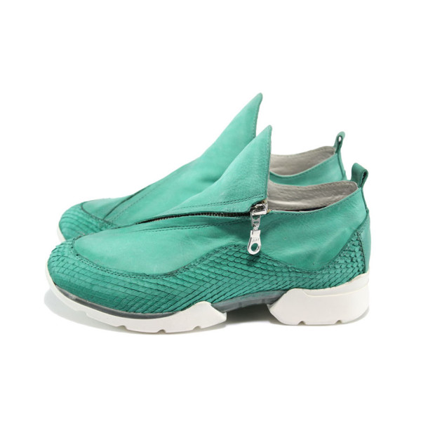 Зелени дамски обувки с равна подметка, естествена кожа с крокодилска шарка - спортни обувки за пролетта и лятото N 10007906