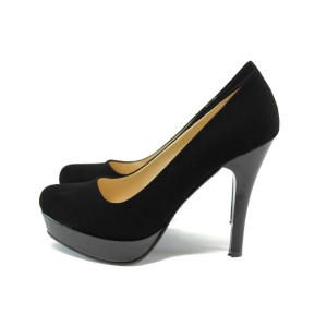Черни дамски обувки с висок ток, качествен еко-велур - официални обувки за целогодишно ползване N 10007960