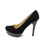 Черни дамски обувки с висок ток, качествен еко-велур - официални обувки за целогодишно ползване N 10007960