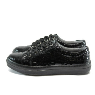 Черни дамски обувки с равна подметка, еко-кожа с крокодилска шарка - спортни обувки за пролетта и есента N 10007953