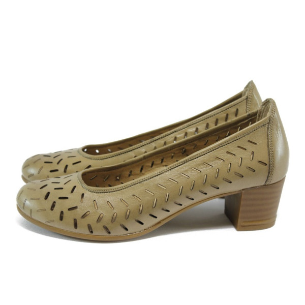 Анатомични бежови дамски обувки със среден ток, естествена кожа - всекидневни обувки за пролетта и лятото N 10008509