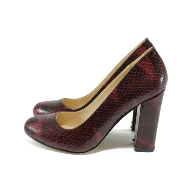 Винени дамски обувки с висок ток, еко-кожа с крокодилска шарка - официални обувки за целогодишно ползване N 10008508