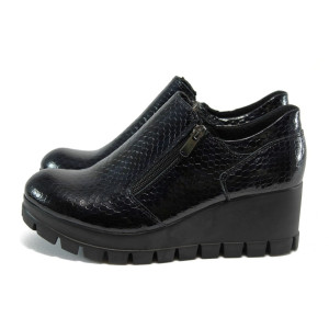 Сини анатомични дамски обувки с платформа, лачена естествена кожа - всекидневни обувки за есента и зимата N 10009182