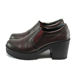 Винени дамски обувки с висок ток, естествена кожа - всекидневни обувки за есента и зимата N 10009186