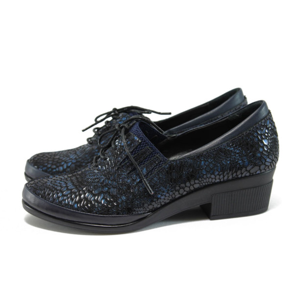 Сини анатомични дамски обувки със среден ток, лачена естествена кожа - всекидневни обувки за есента и зимата N 10009266
