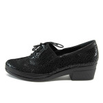 Черни анатомични дамски обувки със среден ток, лачена естествена кожа - всекидневни обувки за есента и зимата N 10009267