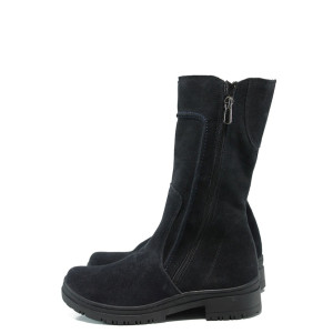Тъмносини дамски ботуши, естествен велур - всекидневни обувки за есента и зимата N 10009516