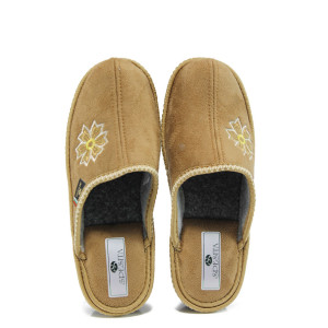 Бежови анатомични дамски чехли, текстилна материя - равни обувки за есента и зимата N 10009572